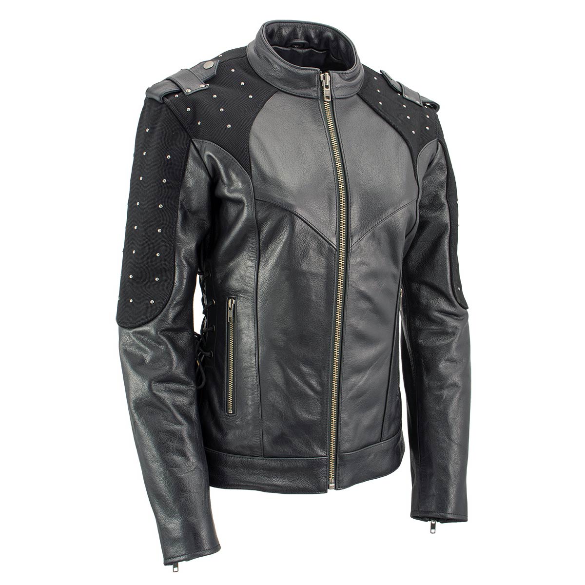 Xelement XS22001 Women's 'Scuba' Black Leather Motorcycle Biker Jacket with Reflective Wings and Studs