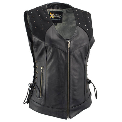 Xelement XS24001 Women's ‘Winged’ Black Studded Motorcycle Rider Leather Vest with Reflective Wings