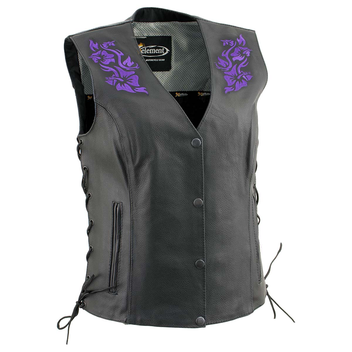 Xelement XS24005 Women's ‘Gemma’ Black and Purple Motorcycle Rider Leather Vest with Side Laces