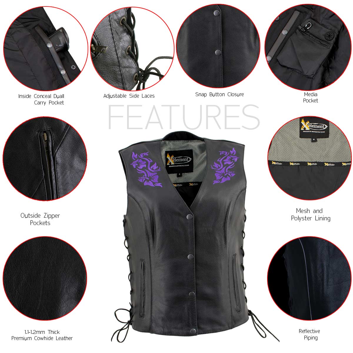 Xelement XS24005 Women's ‘Gemma’ Black and Purple Motorcycle Rider Leather Vest with Side Laces