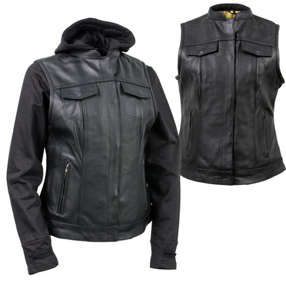 Xelement Gold XS24007 Women's 'Tara' Black Leather Motorcycle Rider 2 in 1 Hoodie Jacket with Convertible Vest