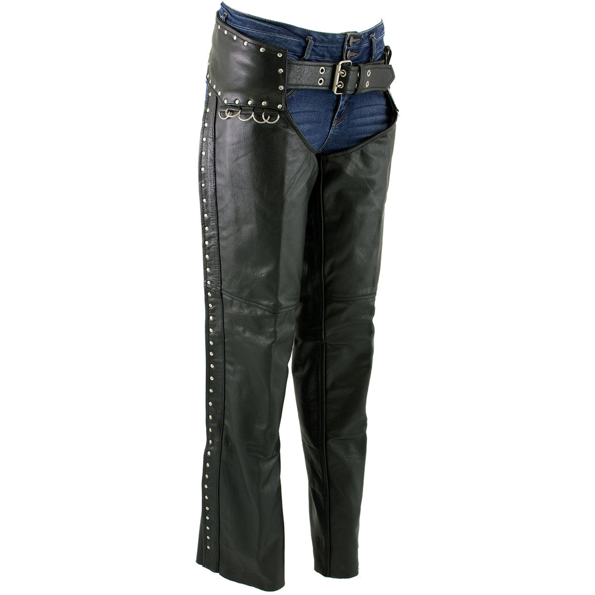 Xelement XS7590 Women's 'Riveted' Classic Black Leather Motorcycle Biker Rider Chaps