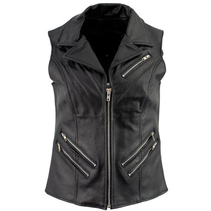 Ladies XS773 Black Zippered M/C Lapel Leather Vest
