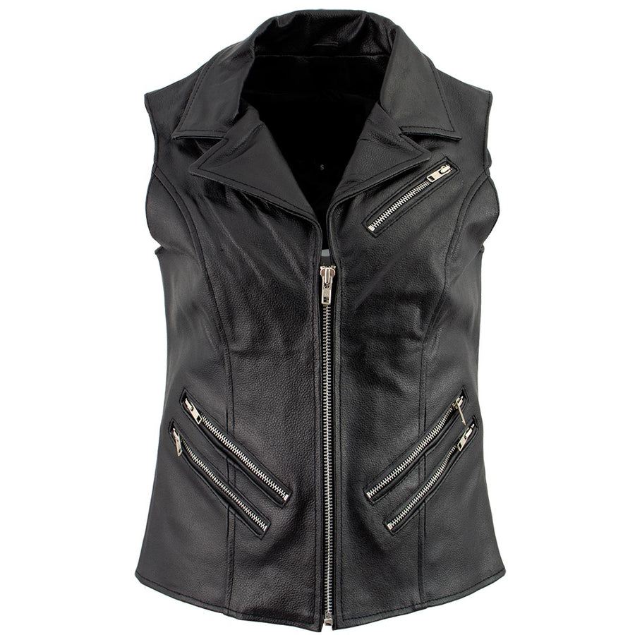 Ladies XS773 Black Zippered M/C Lapel Leather Vest
