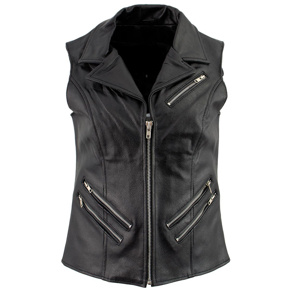 Ladies XS773 Black Zippered M/C Lapel Leather Vest