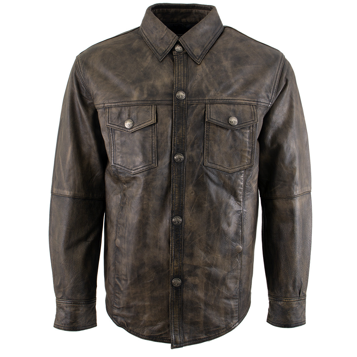 Xelement XS942 Men's 'Nickel' Distressed Brown Casual Biker Rider Leather Shirt with Vintage Buffalo Buttons