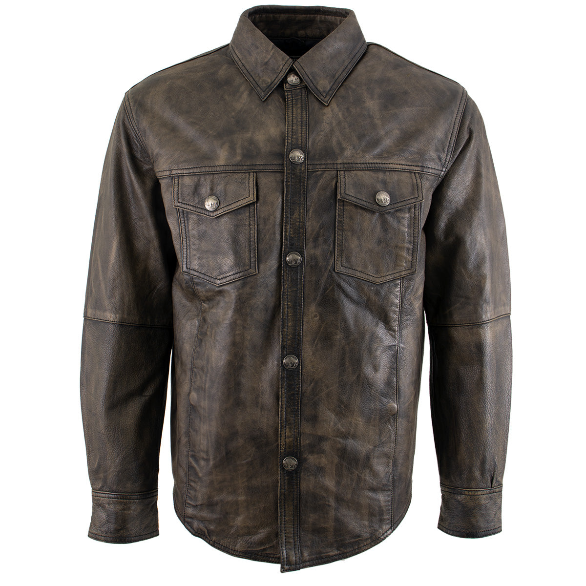 Milwaukee Leather MLM1613 Men's Distressed Brown Casual Biker Rider Leather Shirt w/ Vintage 5 Cent Buffalo Buttons