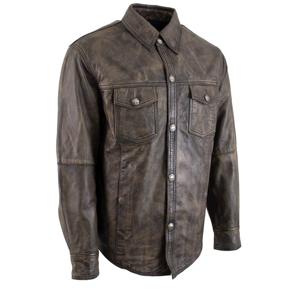Milwaukee Leather MLM1613 Men's Distressed Brown Casual Biker Rider Leather Shirt w/ Vintage 5 Cent Buffalo Buttons