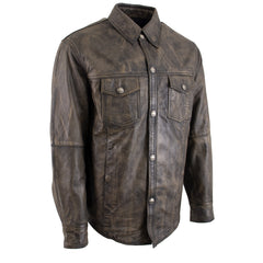 Milwaukee Leather MLM1613 Men's Distressed Brown Casual Biker Rider Leather Shirt w/ Vintage 5 Cent Buffalo Buttons