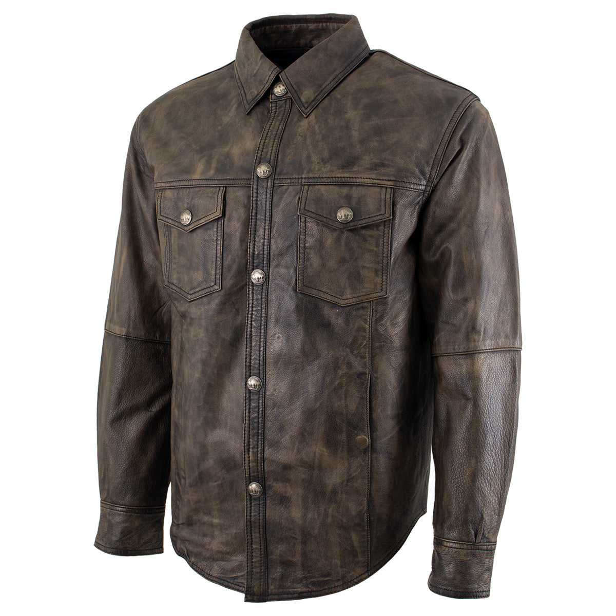 Milwaukee Leather MLM1613 Men's Distressed Brown Casual Biker Rider Leather Shirt w/ Vintage 5 Cent Buffalo Buttons