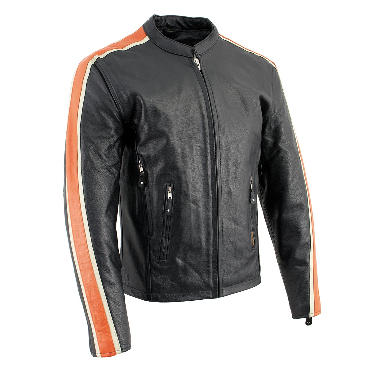 Hot Leathers XSM1007 Men's Black Motorcycle Jacket with Orange and Cream Stripes