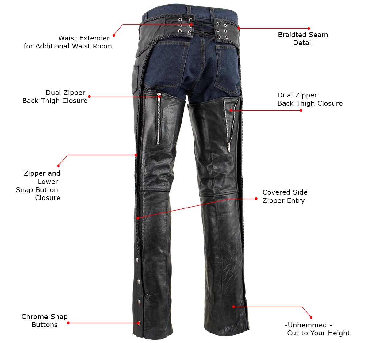 Xelement B7555 Men's Black Classic 'Braided' Elastic Fit Leather Chaps