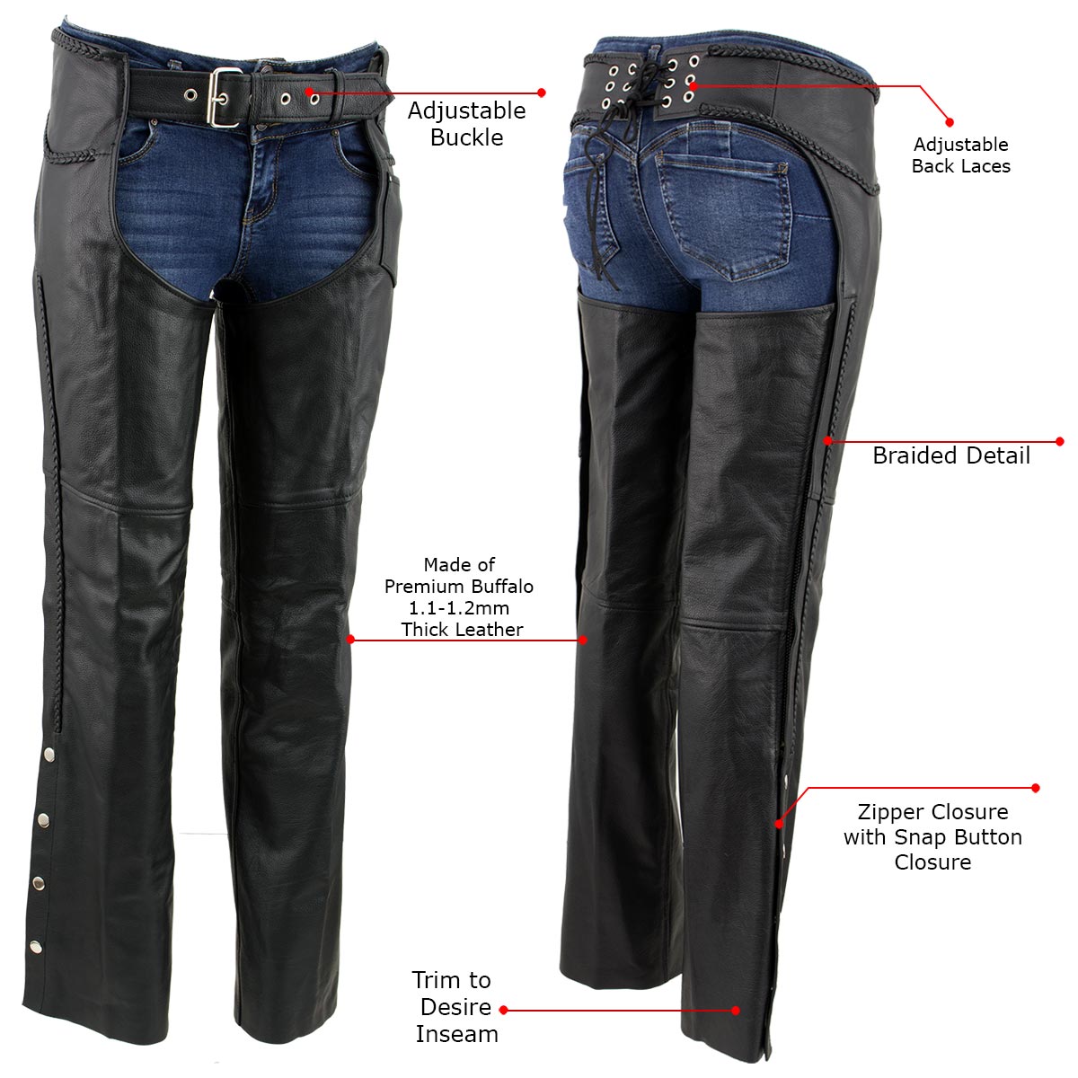 Xelement 7701 Women's Black 'Braided' Leather Motorcycle Chaps