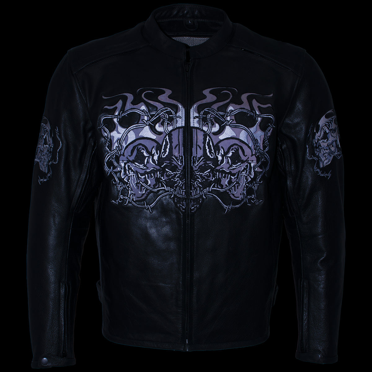 Xelement B95010 Men's 'Bones' Black Armored Cruiser Motorcycle Jacket with Reflective Skulls