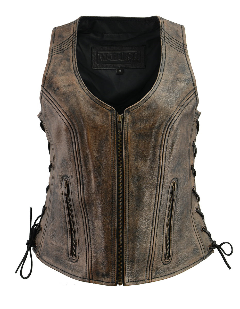 M Boss Motorcycle Apparel BOS24503 Ladies Black and Beige Leather Side Lace Zipper Front Vest