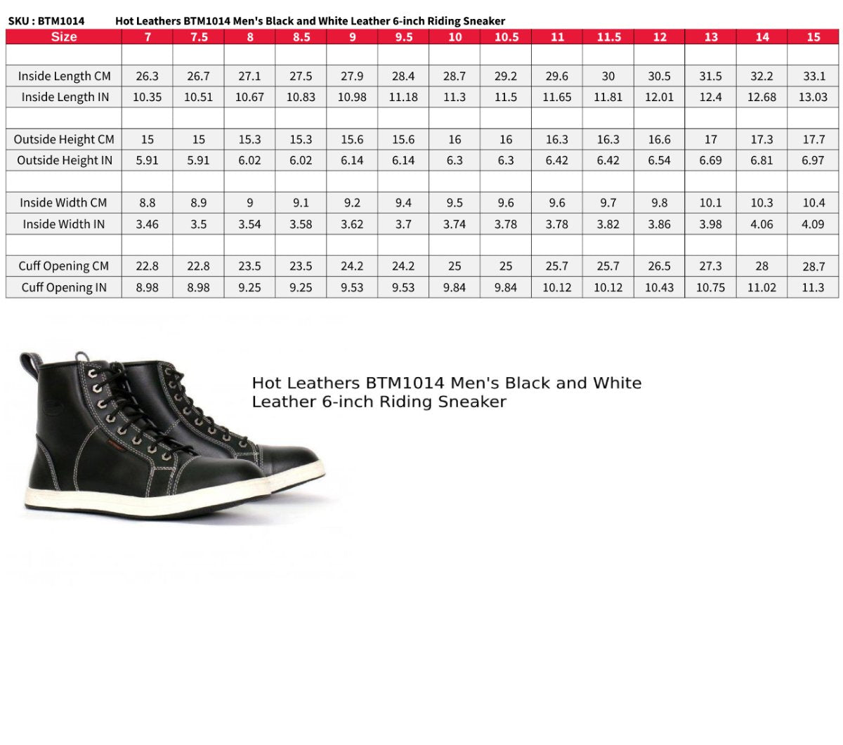 Hot Leathers BTM1014 Men's Black and White Leather 6-inch Riding Sneaker