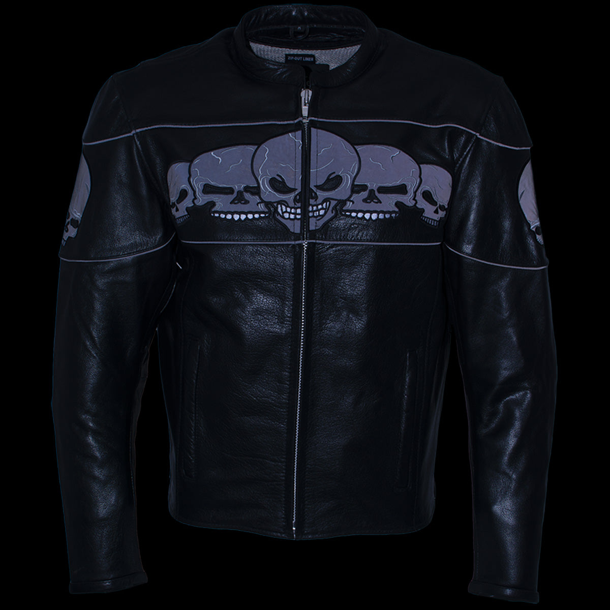 Xelement BXU6050 Men's '3 Skull Head' Black Leather Motorcycle Jacket with X-Armor Protection