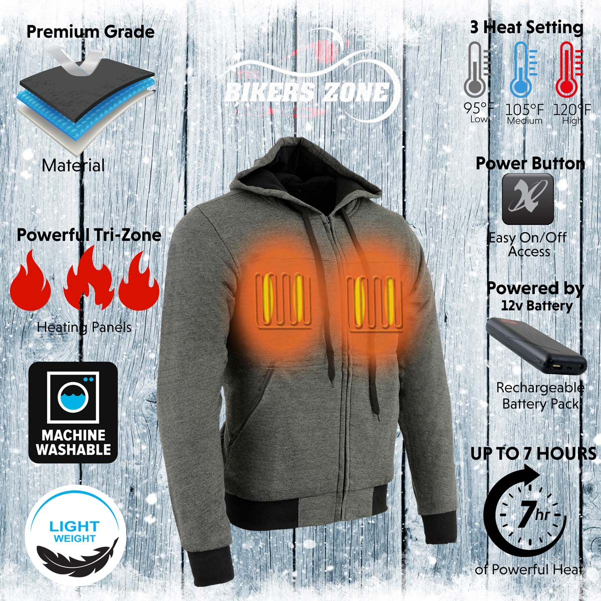 The Bikers Zone BZ2813 Men's Grey Ultimate Grey Heated Hoodie with 12V Battery (Included)
