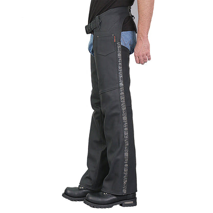 Hot Leathers CHM2001 Men's Matte Black Leather Chaps with Ancient Skull Artwork
