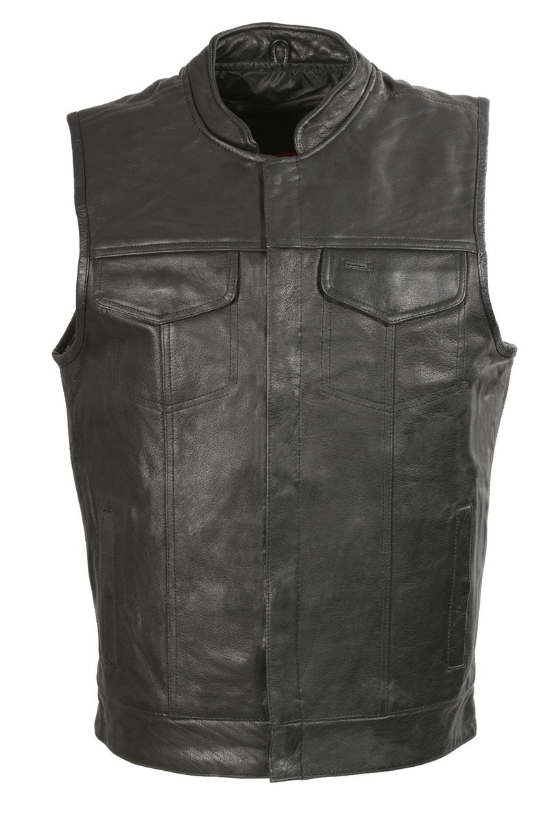 Club Vest CVM2036 Men’s Leather Black Open Collar Vest with Snap Buttons