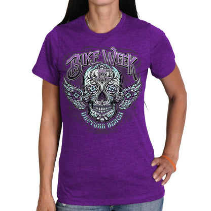 Hot Leathers EDL1061 Women's 2023 Daytona Beach Antique Sugar Skull Purple T-Shirt