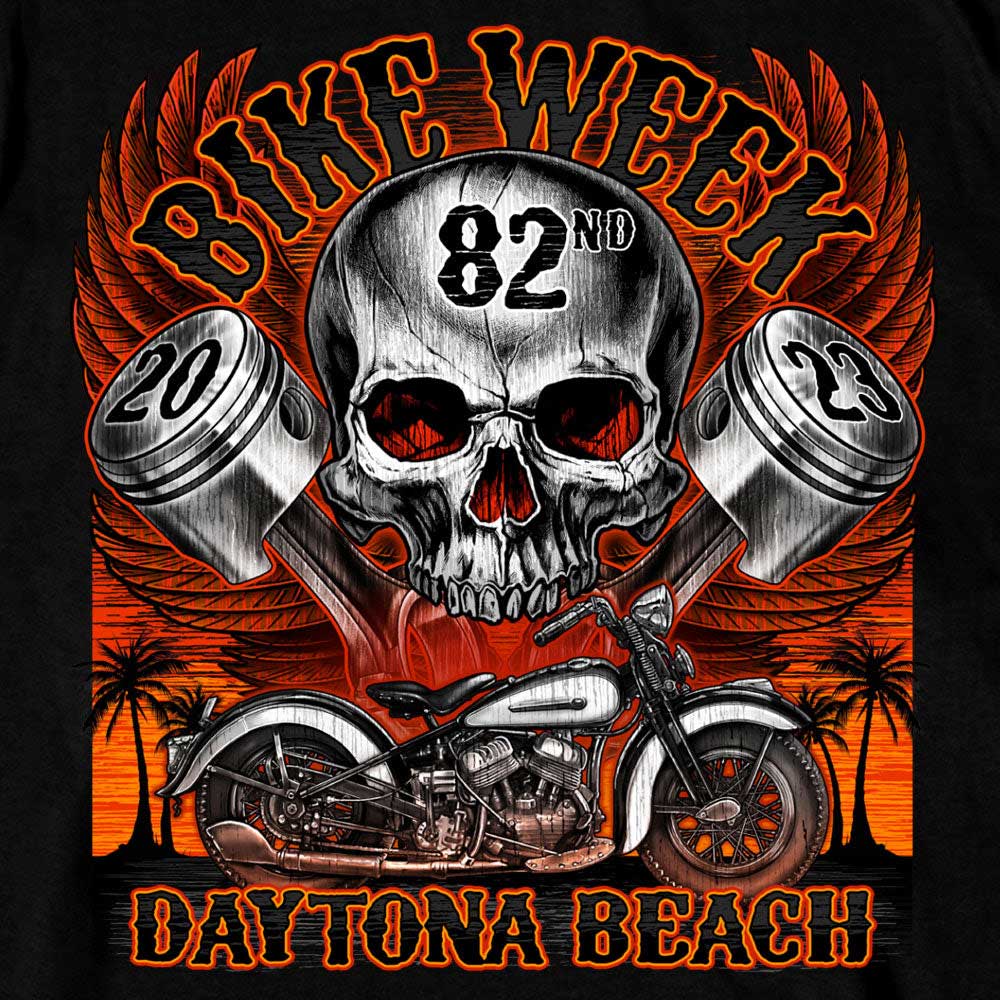 Hot Leathers EDM1188 Men's 2023 Daytona Bike Week Skull Pistons Black T-Shirt