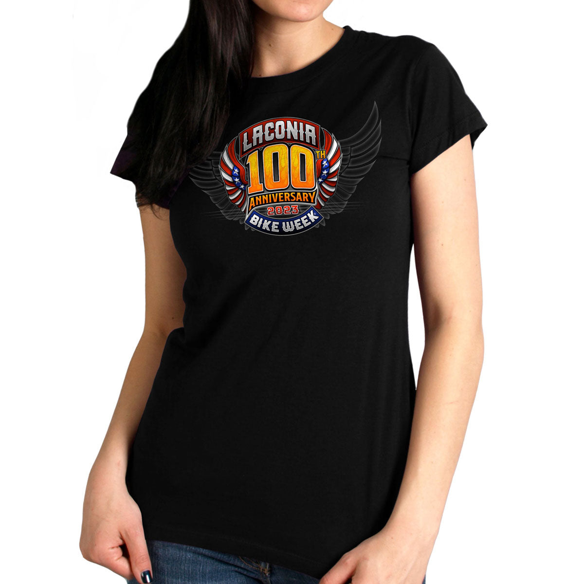 Hot Leathers ELL1081 Women's Black Laconia Bike Week 2023 100th Anniversary T-Shirt