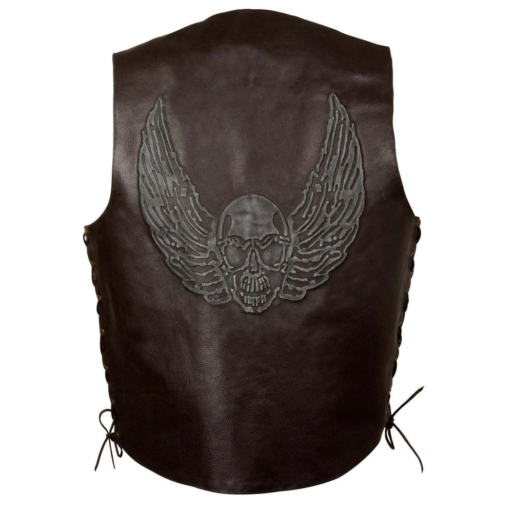 Event Leather ELM3905 'Mayhem' Men's Brown Leather Side Lace Vest with Winged Skull Emboss