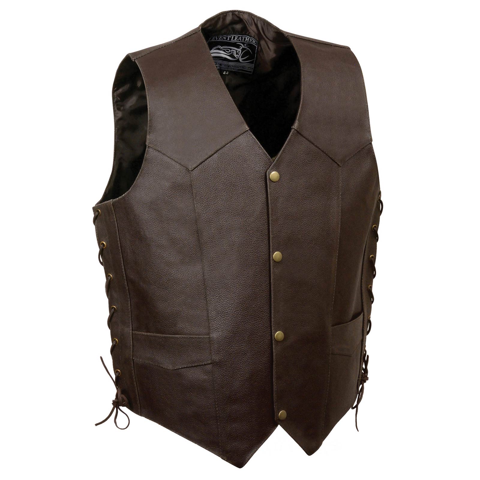 Event Leather ELM3915 Men's Brown Side Lace Motorcycle Leather Vest with Skull and Cross Bones Emboss