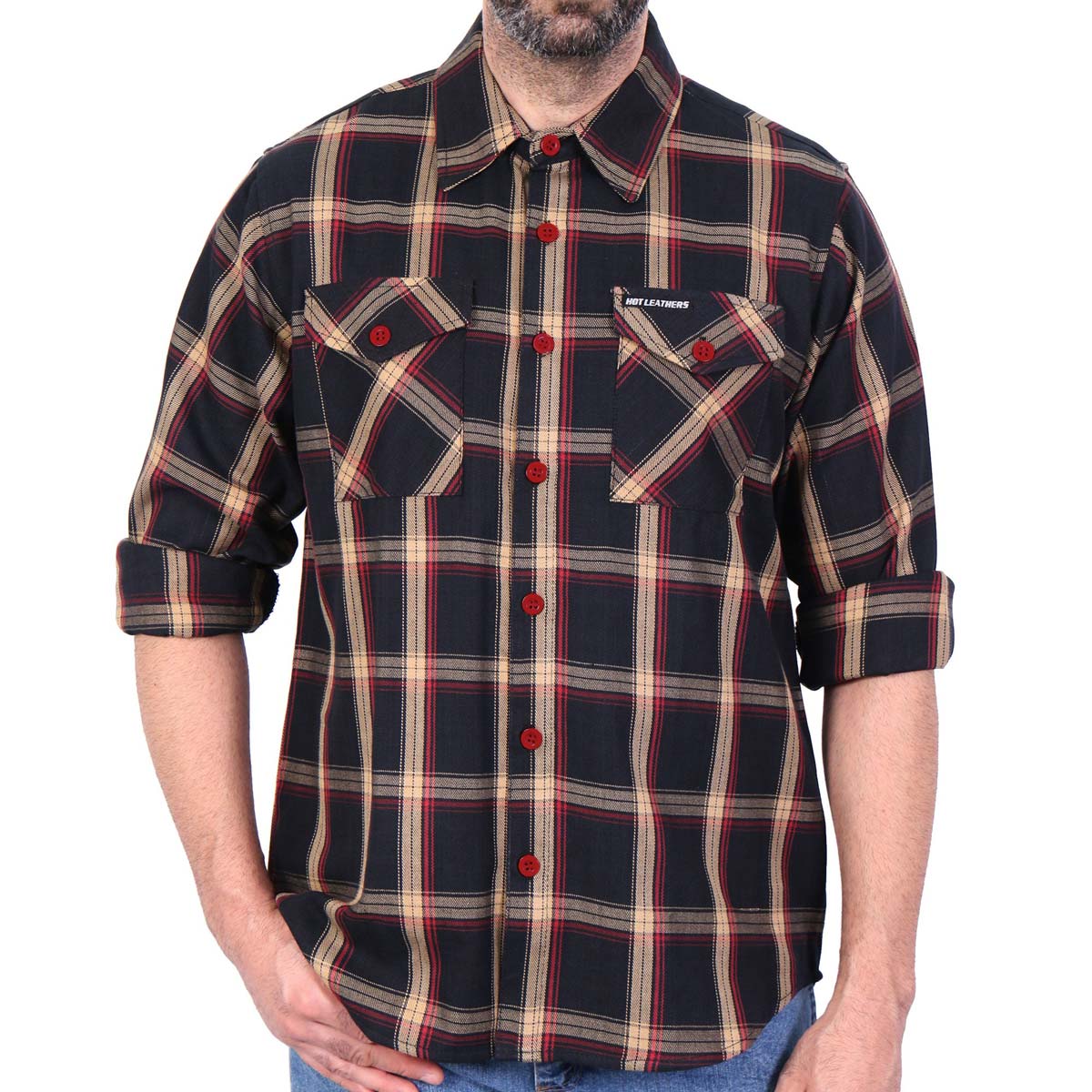 Hot Leathers FLM2038 Men's Black Tan and Red Long Sleeve Flannel Shirt