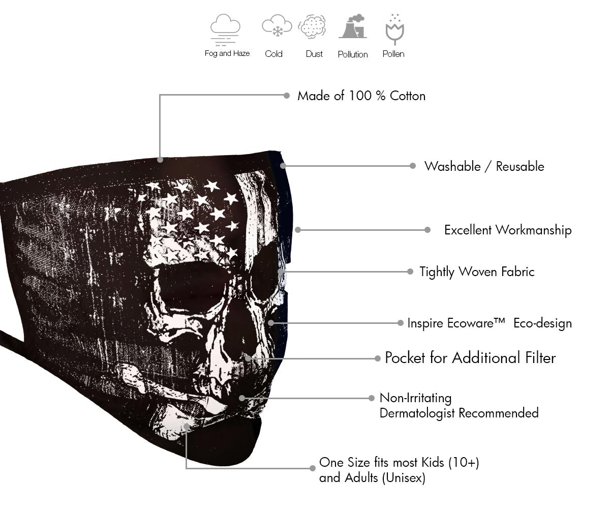 Milwaukee Leather FMD1010 Men's 'Skull with Flag' 100 % Cotton Protective Face Mask with Optional Filter Pocket