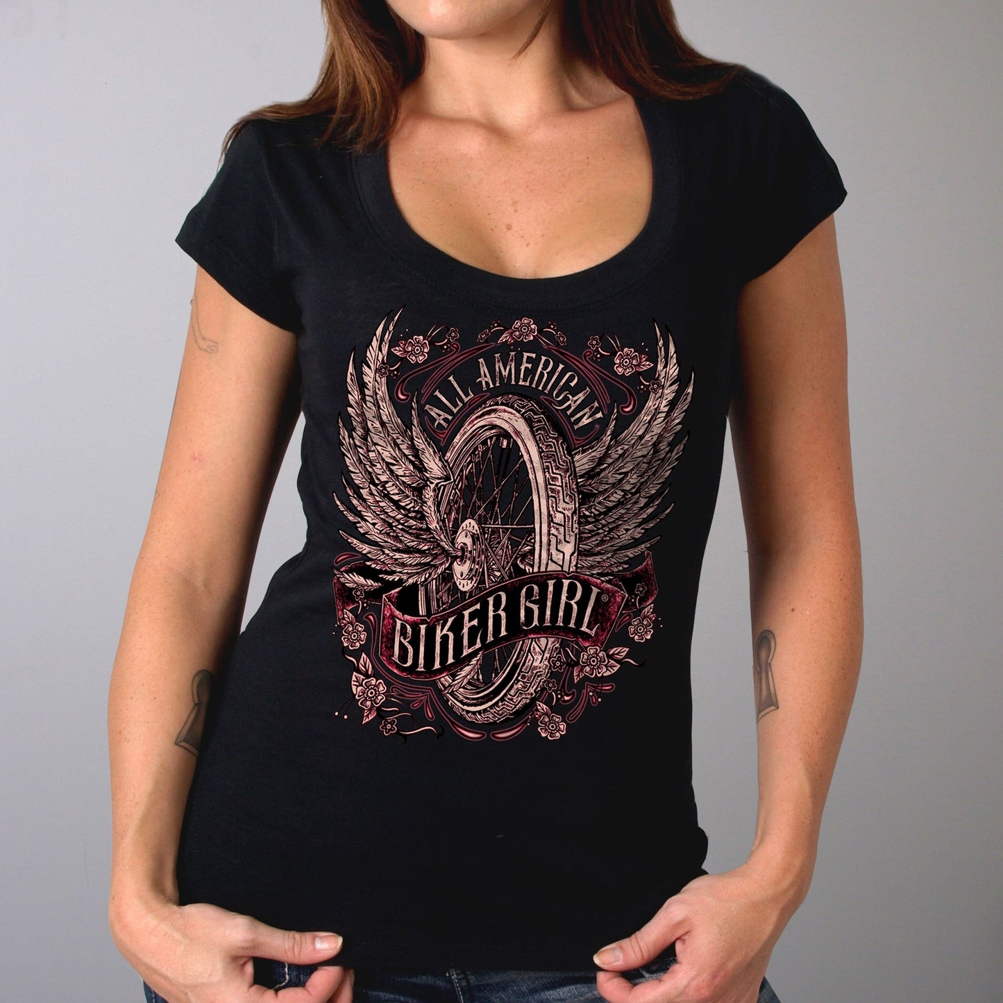 Hot Leathers GLC1518 Women's Black All American Biker Girl Scoop Neck Printed T-Shirt