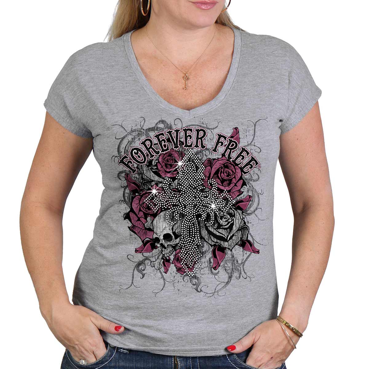 Hot Leathers GLC1557 Ladies Heather Gray Forever Free Cross Bling T Shirt