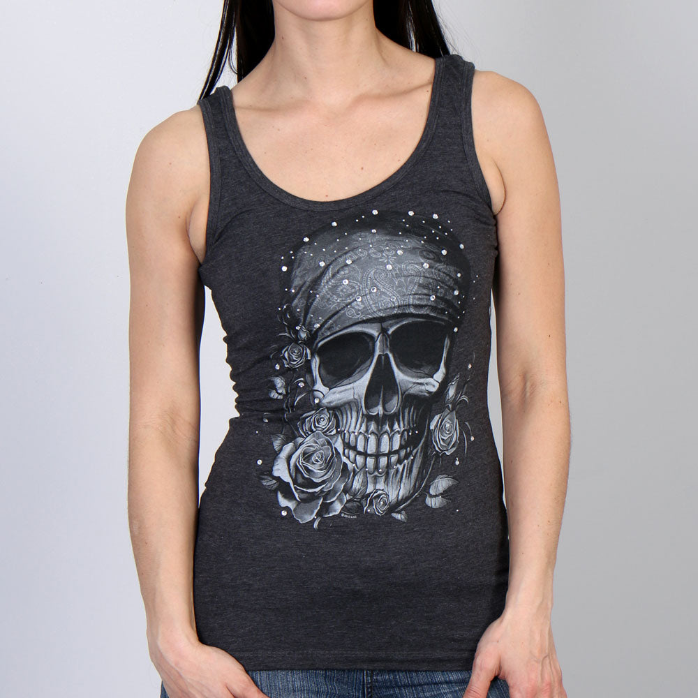 Hot Leathers GLC2378 Skull Bandana Tank Top with Rhinestones in Heather Charcoal Color