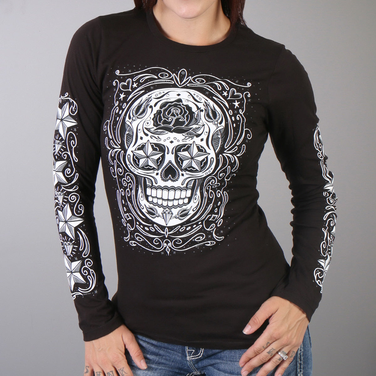 Hot Leathers GLC3183 Sugar Skull Black Long Sleeve Ladies T-Shirt