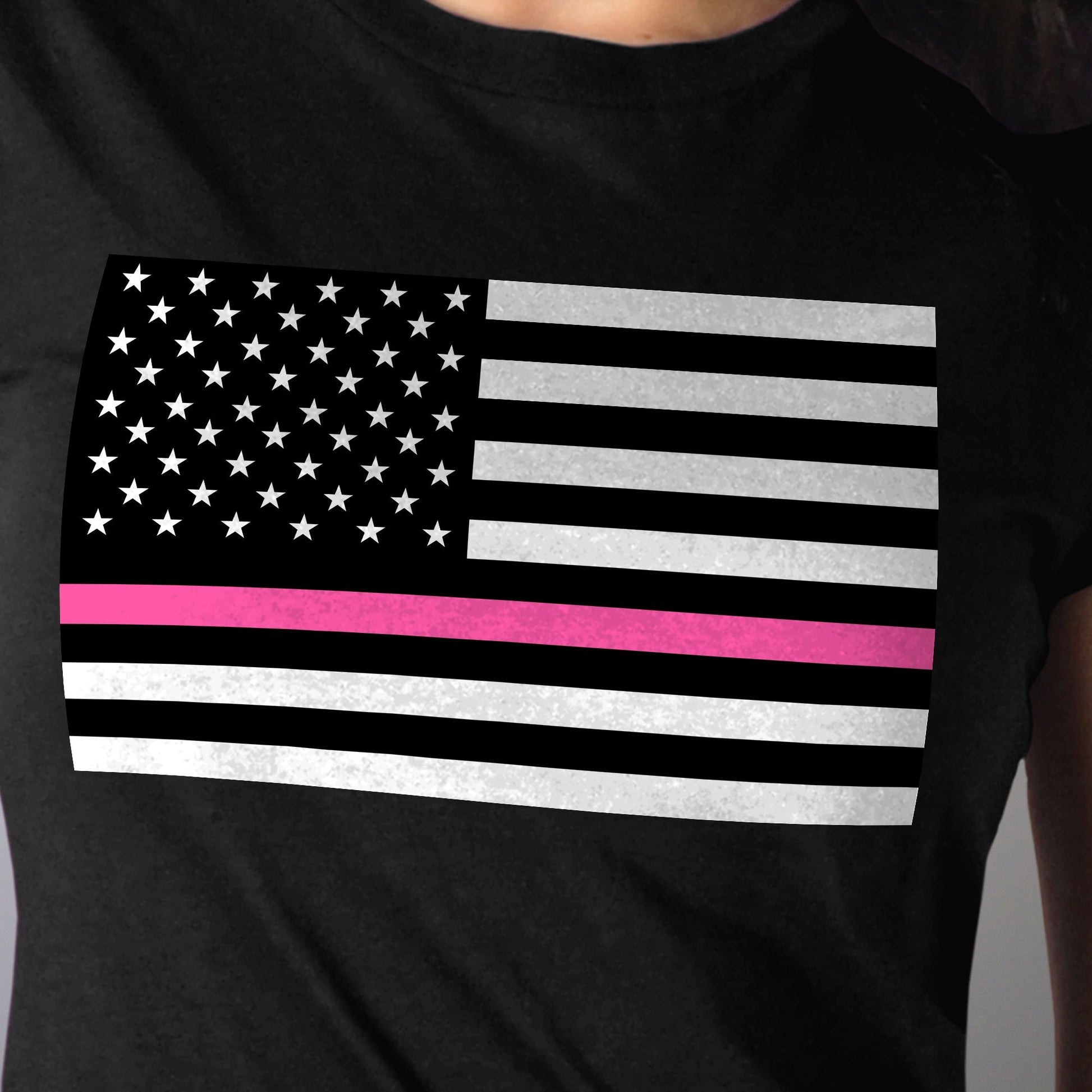 Hot Leathers GLR1515 Ladies Full Cut Thin Pink Line American Flag Black T-Shirt