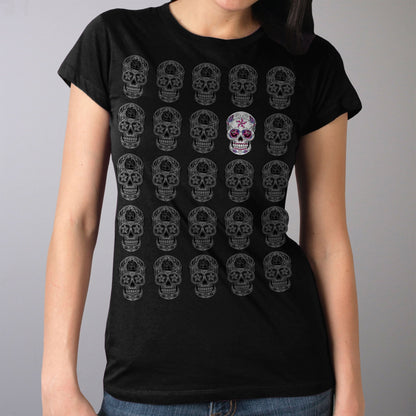 Hot Leathers GLR1519 Sugar Skull Pattern Ladies Full Cut Black T-Shirt