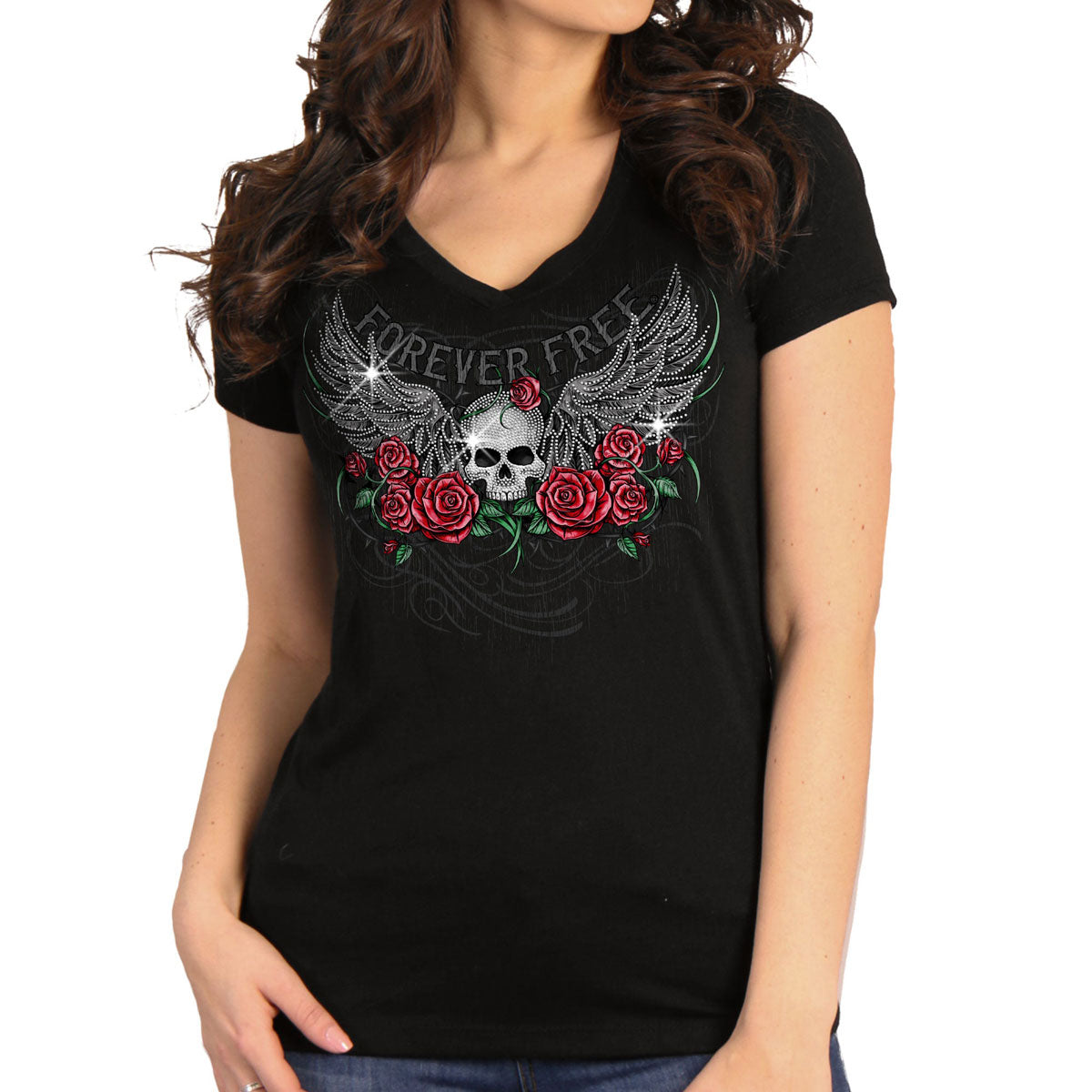 Hot Leathers GLR1575 Women's Black Short Sleeve Skull Wing Roses T-Shirt