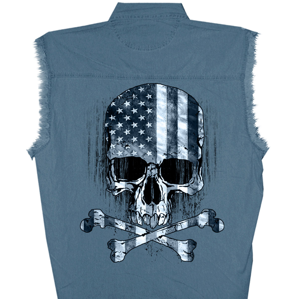 Hot Leathers GMD5372 Mens 'Flag and Skull' Sleeveless Blue Denim Shirt
