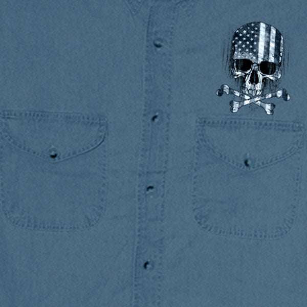 Hot Leathers GMD5372 Mens 'Flag and Skull' Sleeveless Blue Denim Shirt