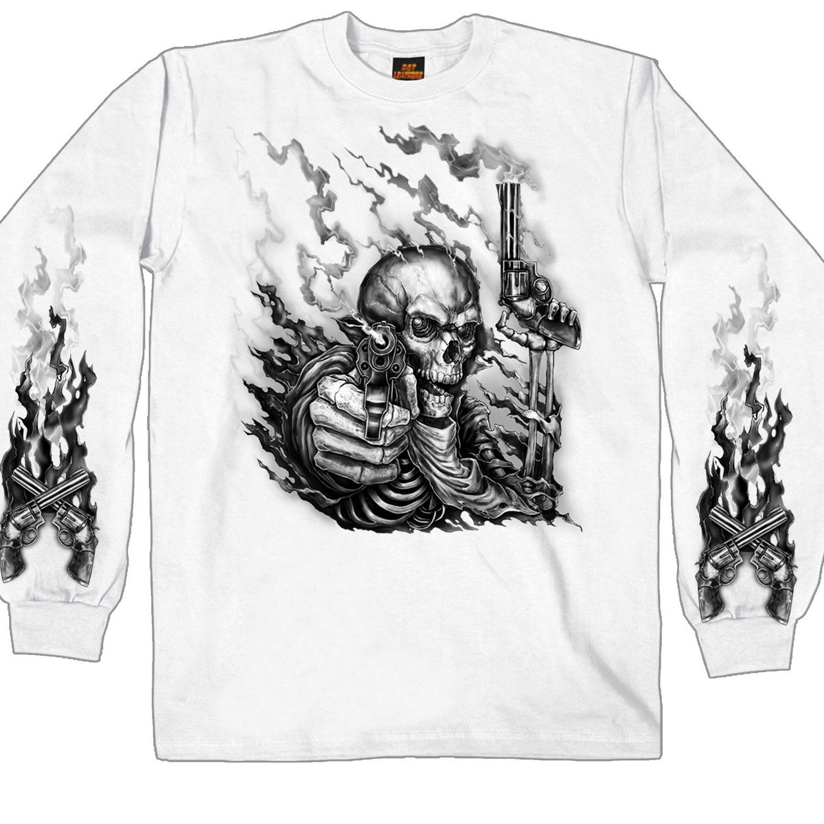 Hot Leathers GMS2426 Men’s ‘Smoking Guns Skeleton’ Long Sleeve White T-Shirt