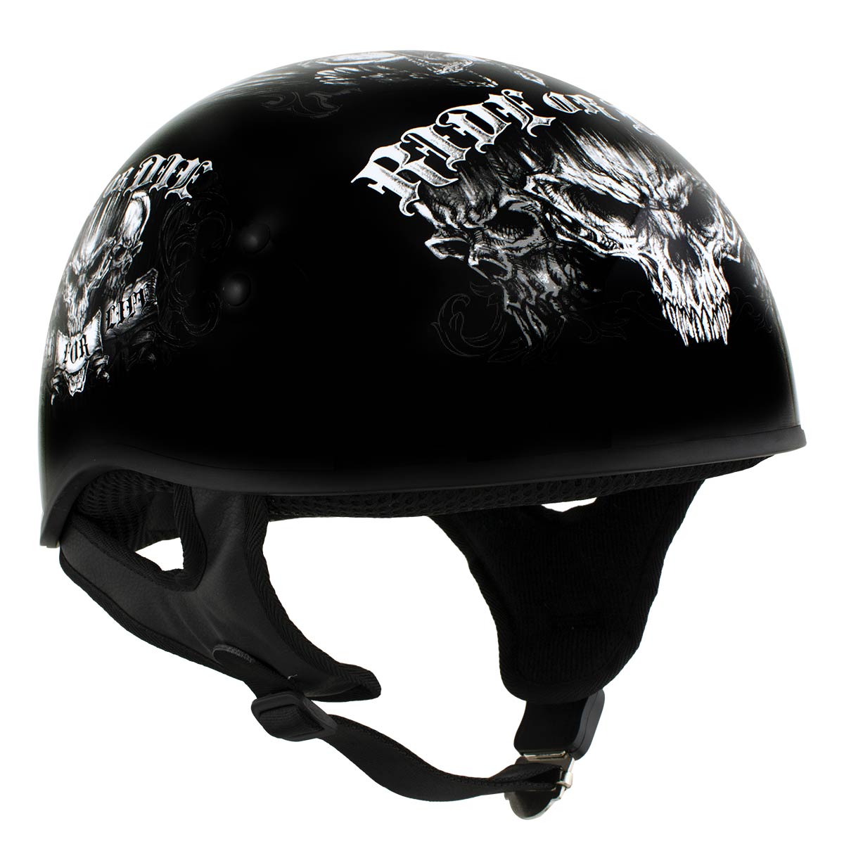 Hot Leathers HLD1016 'Ride or Die' Gloss Black Motorcycle DOT Skull Cap Half Helmet for Men and Women Biker