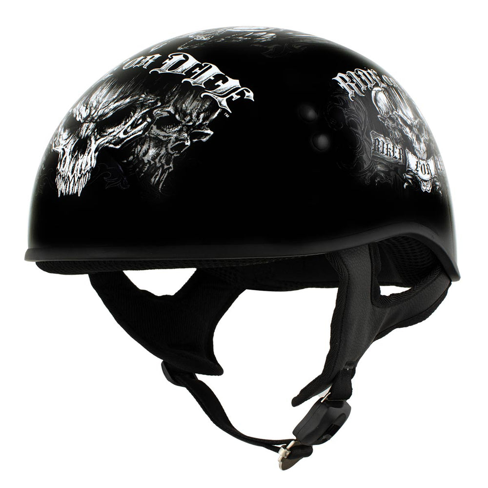 Hot Leathers HLD1016 'Ride or Die' Gloss Black Motorcycle DOT Skull Cap Half Helmet for Men and Women Biker