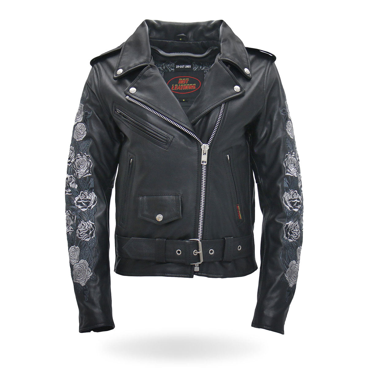 Hot Leathers JKL2002 Women's Black 'Rose Embroidered' Motorcycle Style Leather Jacket