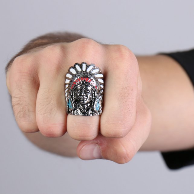 Hot Leathers JWR2116 Men's Painted Indian Chief Stainless Steel Ring