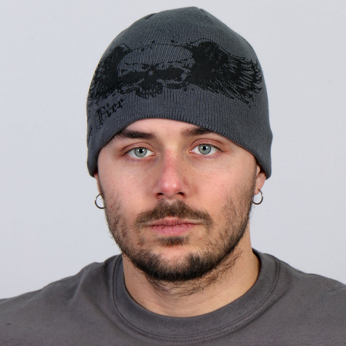 Hot Leathers KHB1000 Skull with Wings Grey Knit Cap