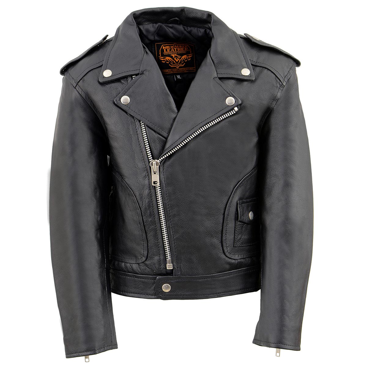 Milwaukee Leather LKK1920 Boy's Black Classic Leather Biker Jacket with Patch Pocket Style