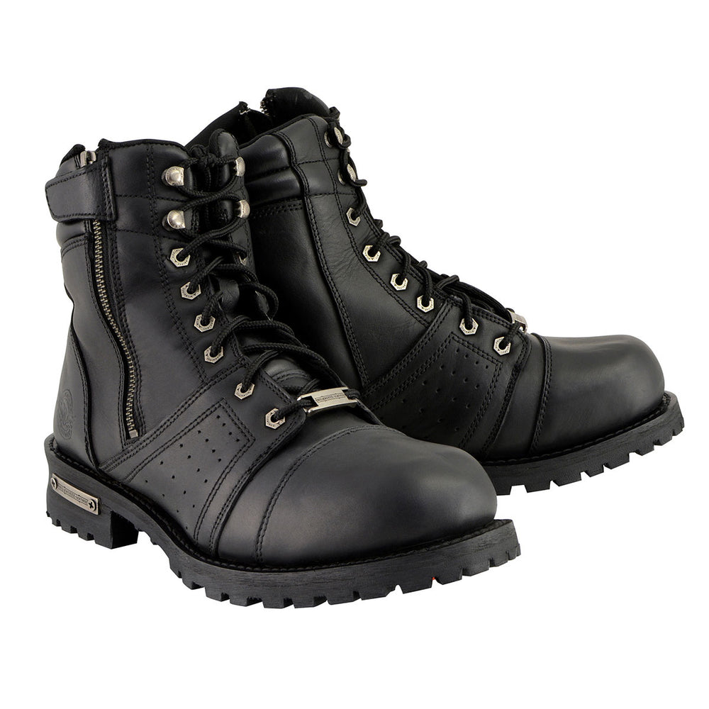 Milwaukee Leather MBM9000 Men's Black Lace-Up Motorcycle Riding Leather Boots with Side Zipper Entry