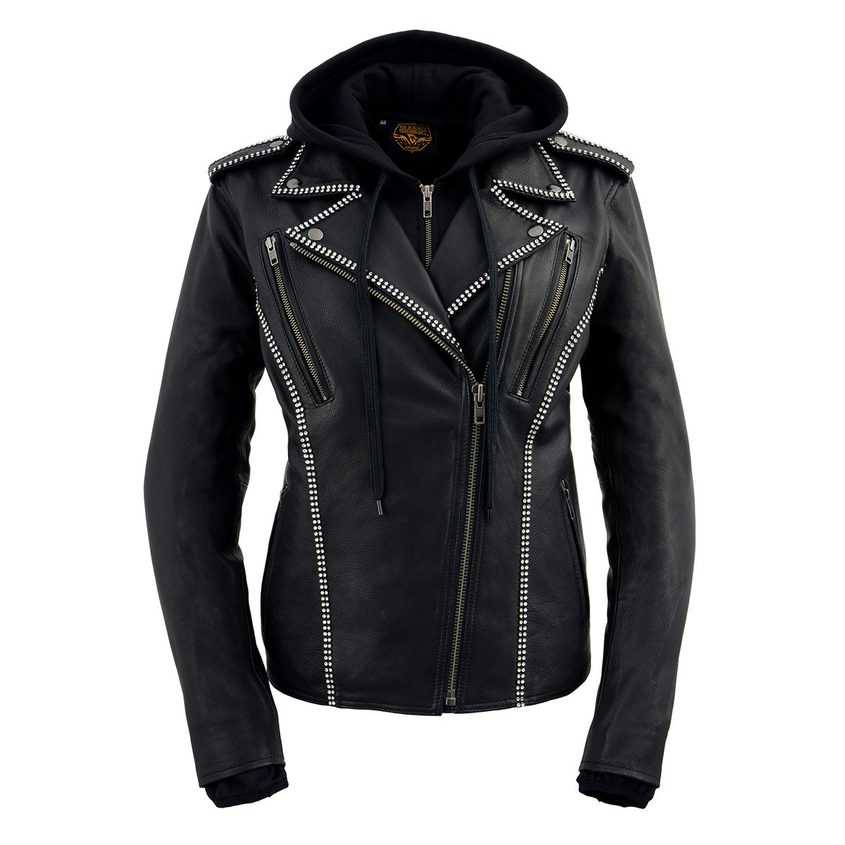 Milwaukee Leather MLL2503 Women's Black 'Bedazzled' Leather Moto Jacket with Hoodie