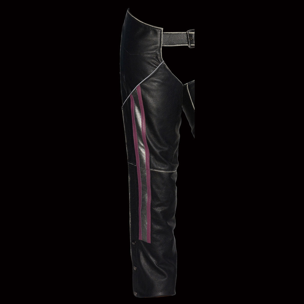 Milwaukee Leather MLL6515 Women's 'Pink Stripe' Classic Black Rub-Off Low-Rise Leather Chaps
